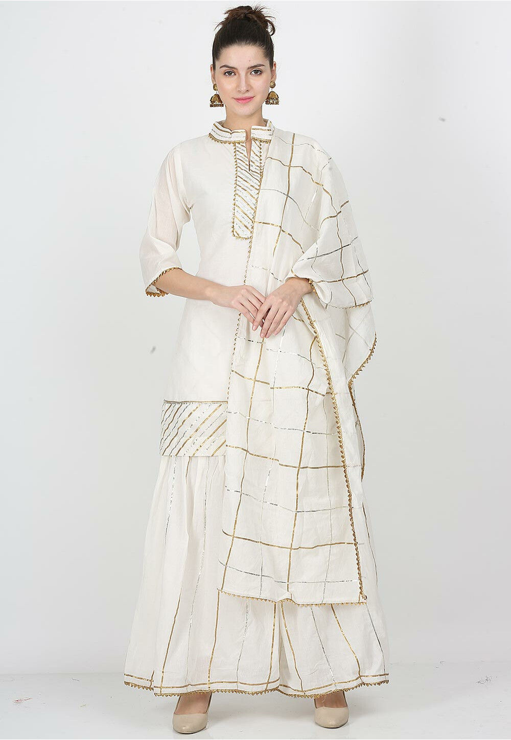 Gota Work Art Chanderi Cotton Pakistani Suit in Off White : KMV83