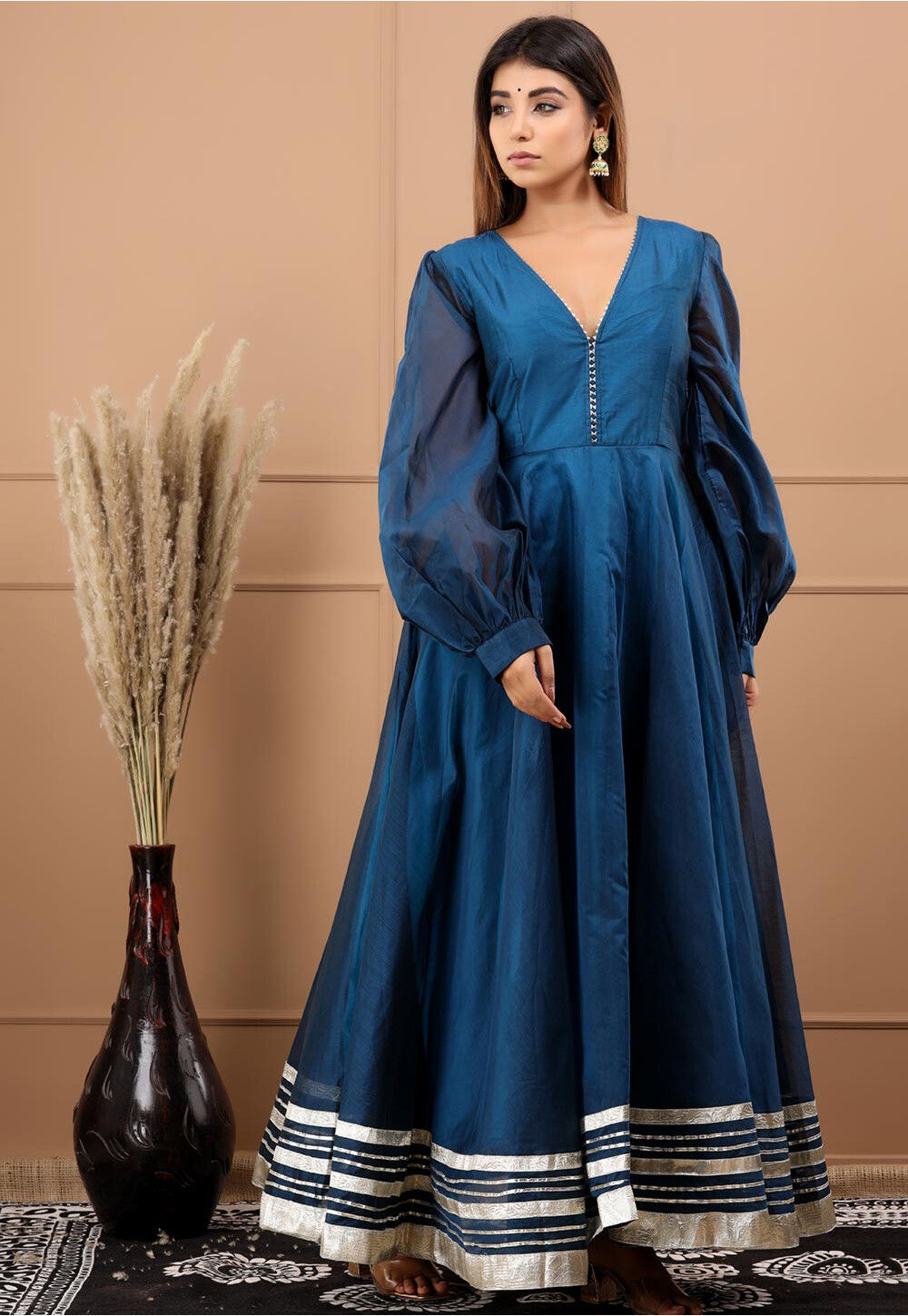 Chanderi silk gown featuring vibrant silk thread embroidery – samantchauhan