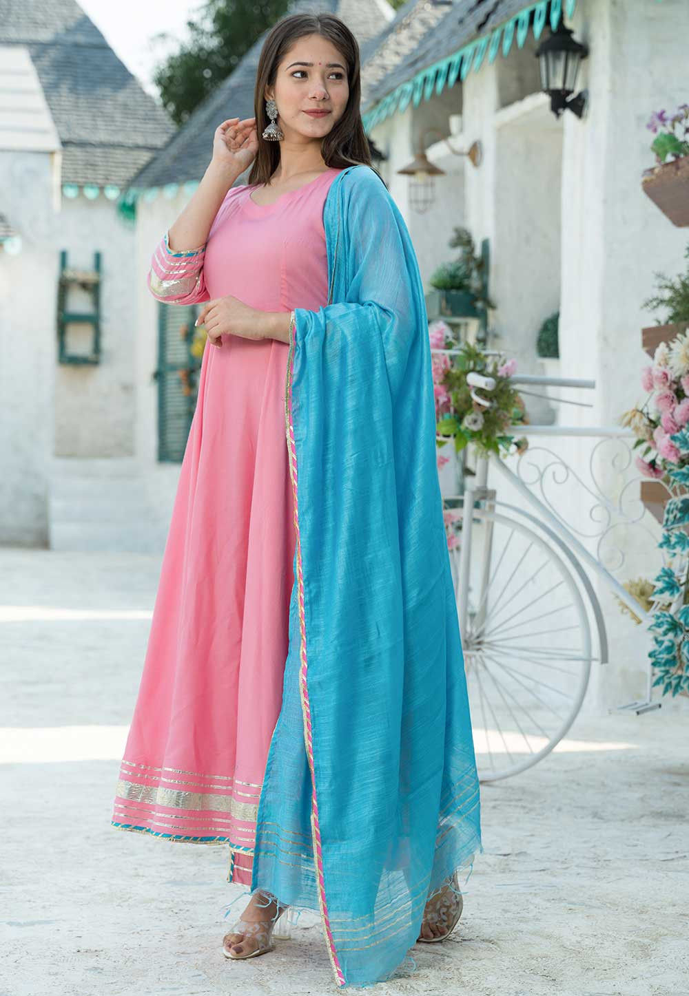 Buy Gota Work Rayon Anarkali Suit in Pink Online : KMM46 - Utsav Fashion