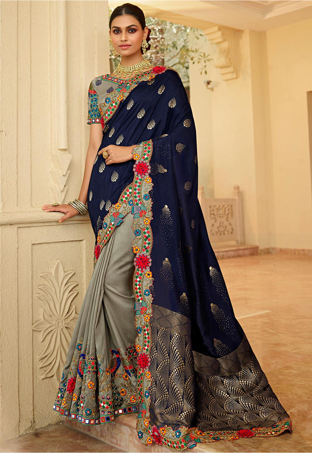 Buy Blue Saree Cotton Jamdani Woven Aprajita With Kaftan Blouse For Women  by Chhaya Mehrotra Online at Aza Fashions.