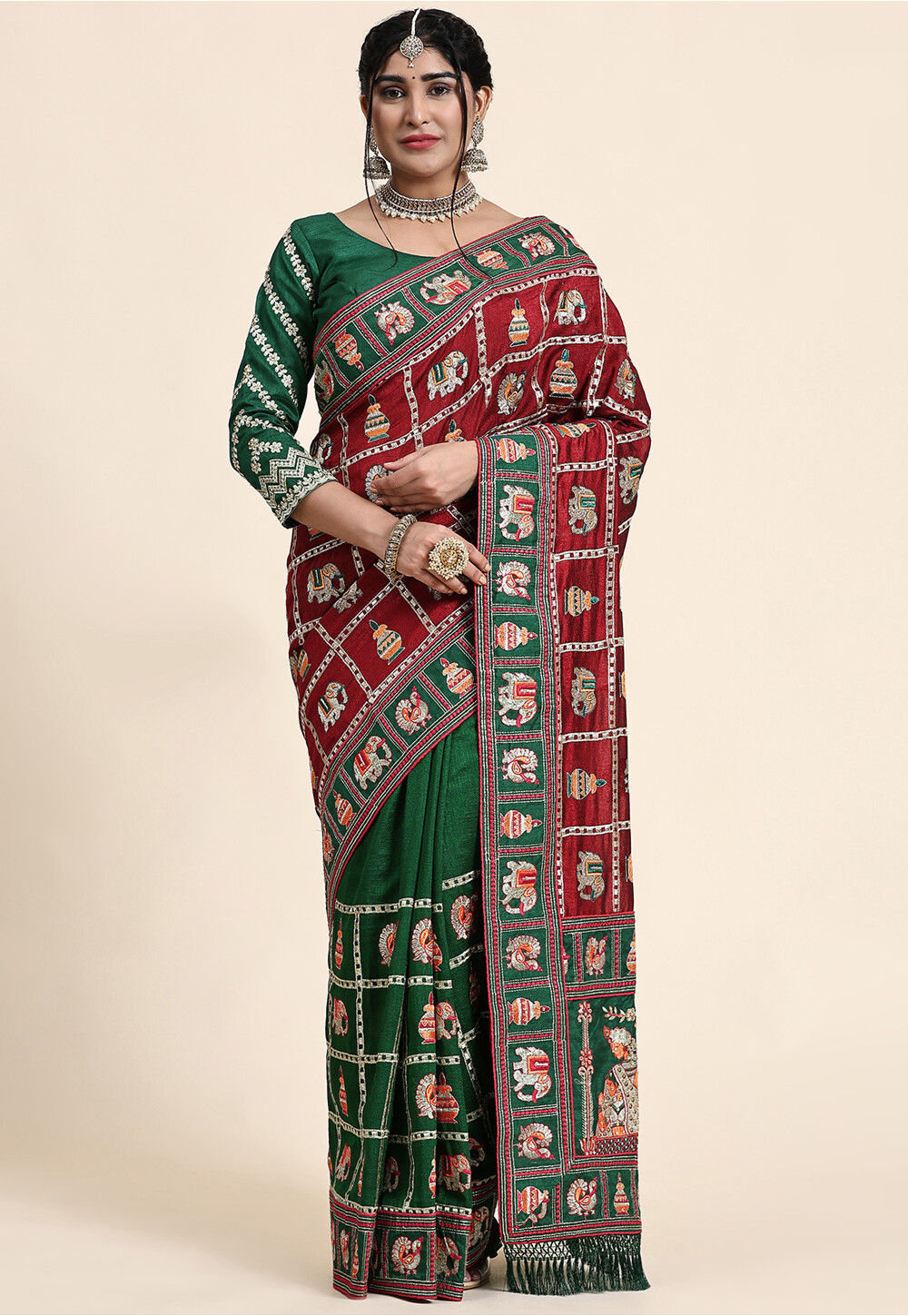 Silk Blend Green Half n Half Saree