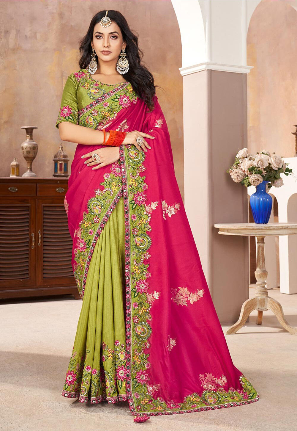 Silk Blend Green Half n Half Saree main image 1