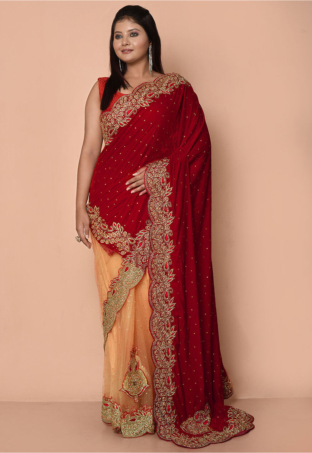 Beige Faux Crepe Golden Saree red Velvet Border - DYNOKART