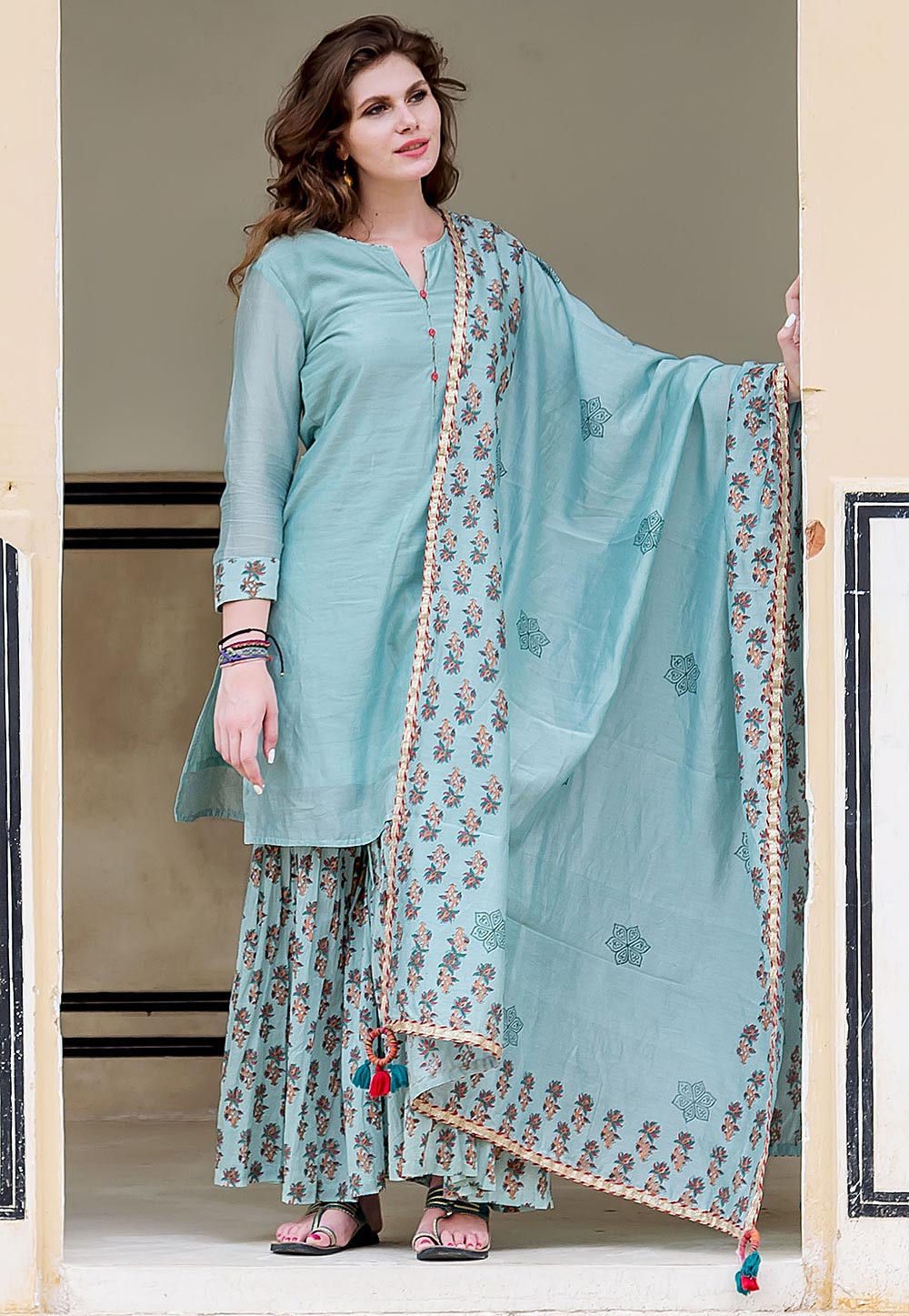 Buy Hand Block Printed Chanderi Silk Pakistani Suit in Sky Blue Online ...