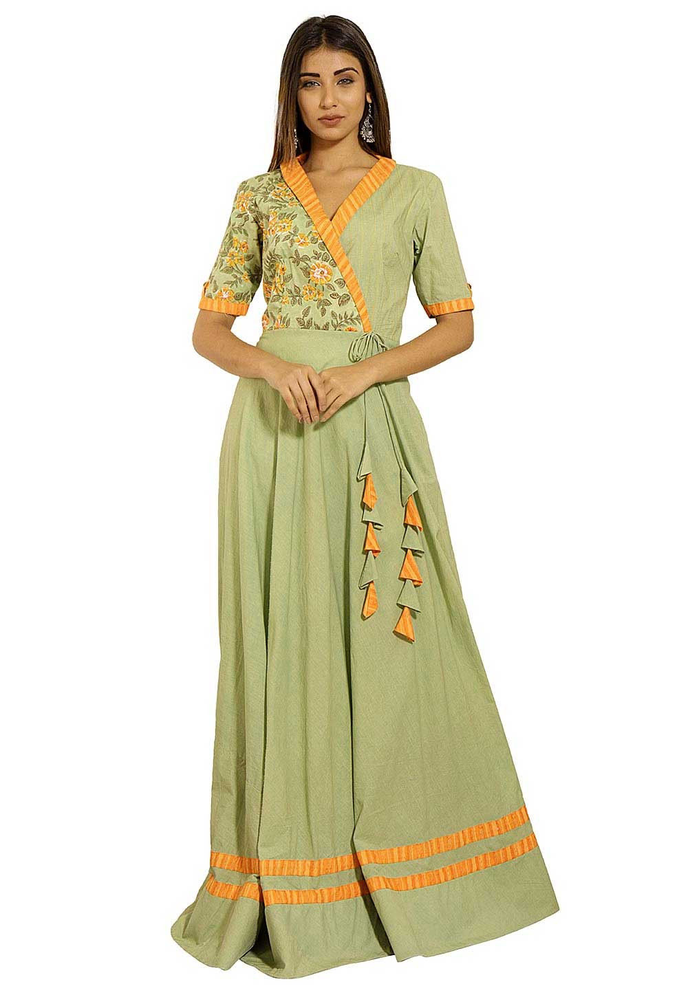Hand Block Printed Cotton Angrakha Style Maxi Dress in Pastel Green ...