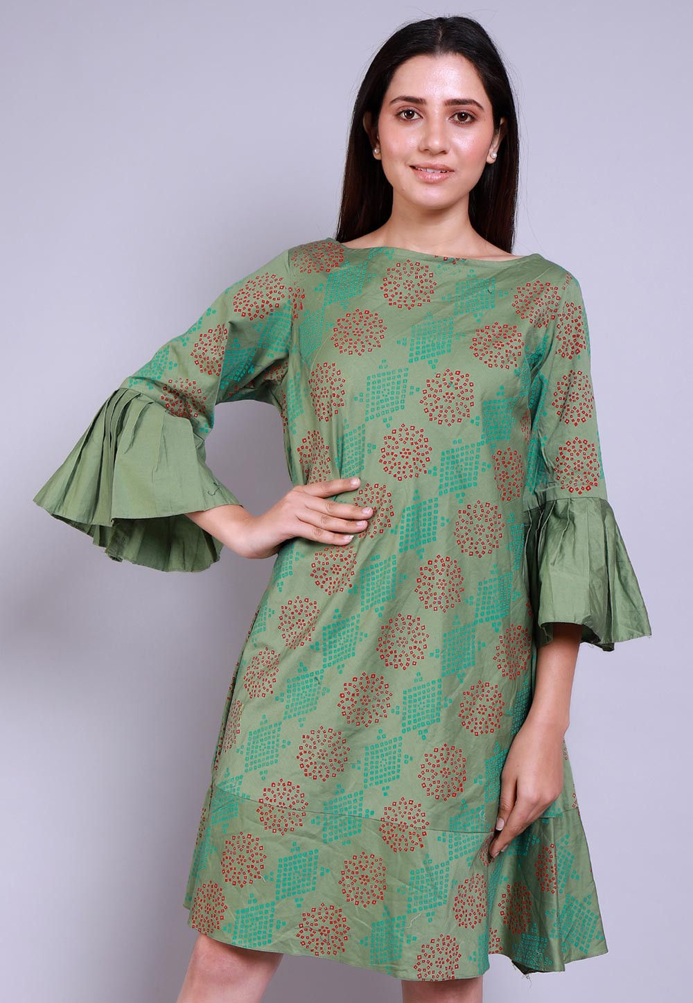 Hand Block Printed Cotton Silk Sheath Dress in Dusty Green : TJW1825