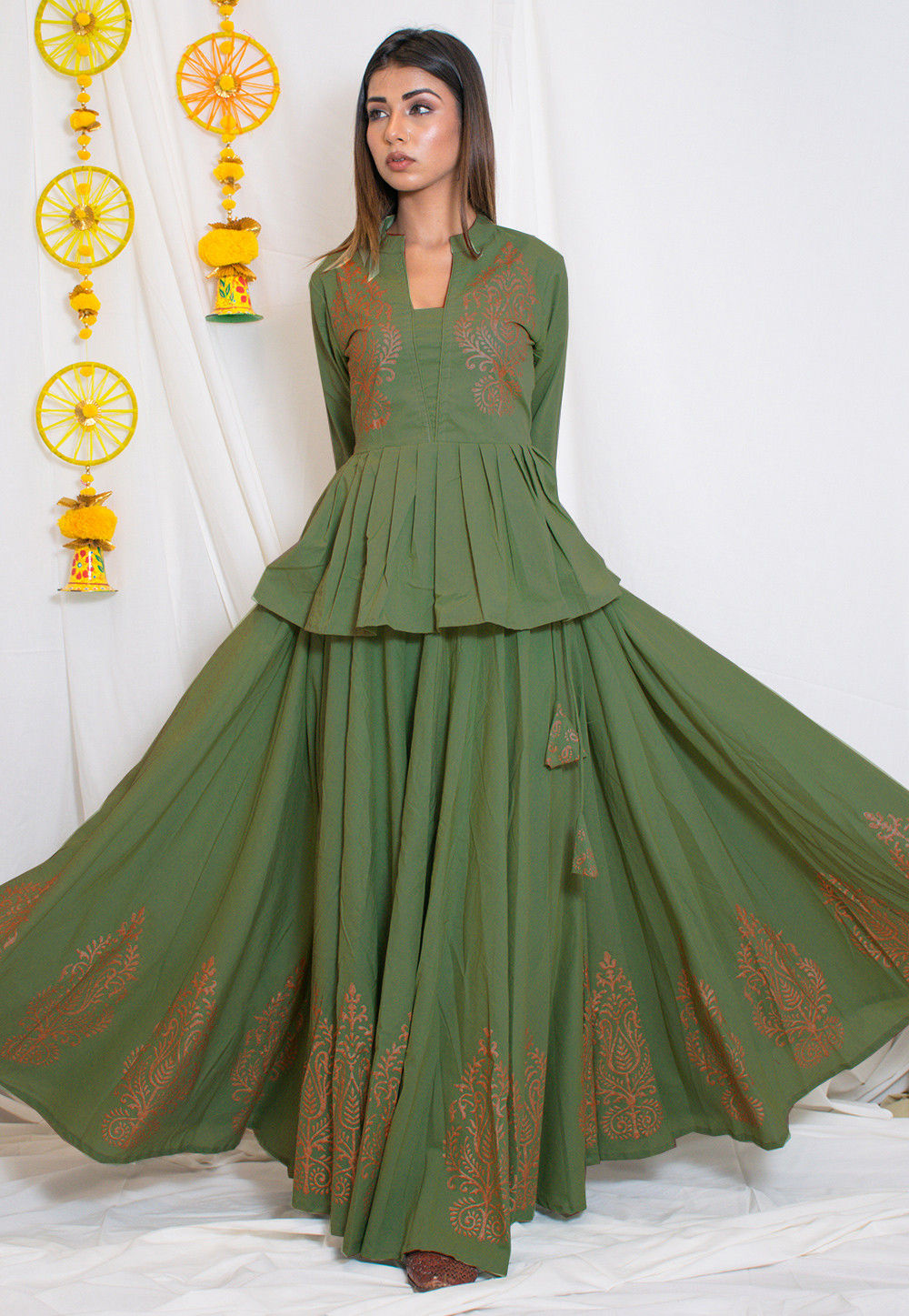 Light Green Colored Hand Embroidered Foil Mirror Rayon Wrinkled Crushed Long  Skirt - Aspire High - 3527468