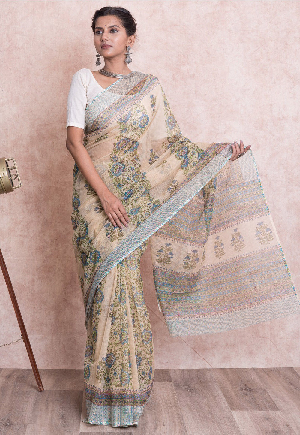 Cream Colored Kota Doria Chickenkari Embroidery Saree With Contrast Printed Blouse main image 0