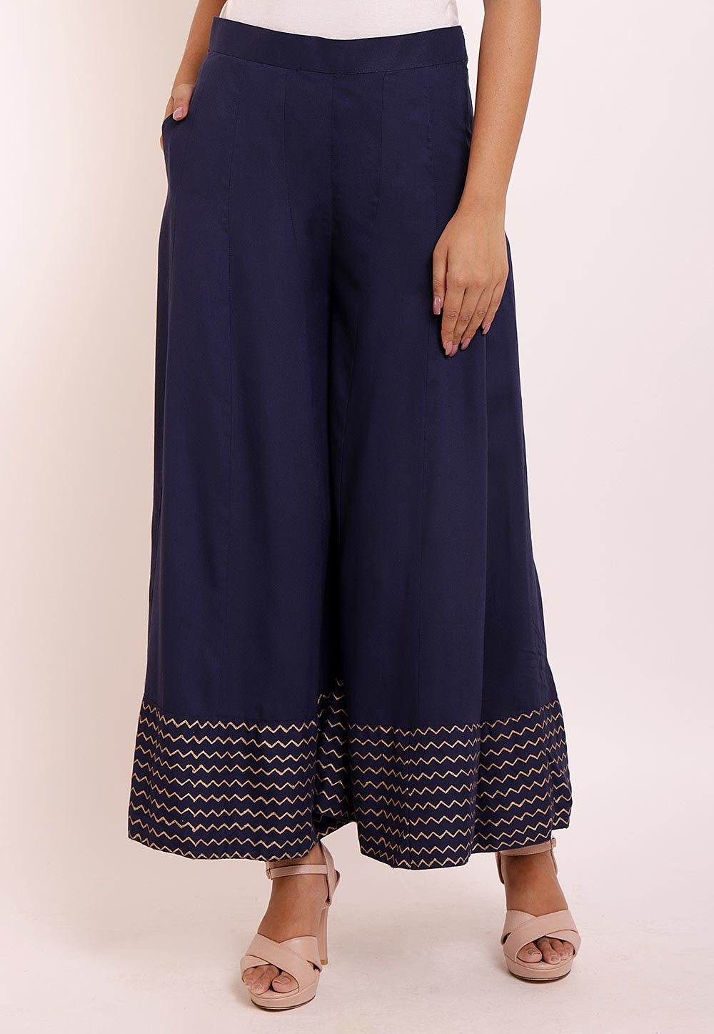 Hand Block Printed Rayon Palazzo in Navy Blue : BNJ567
