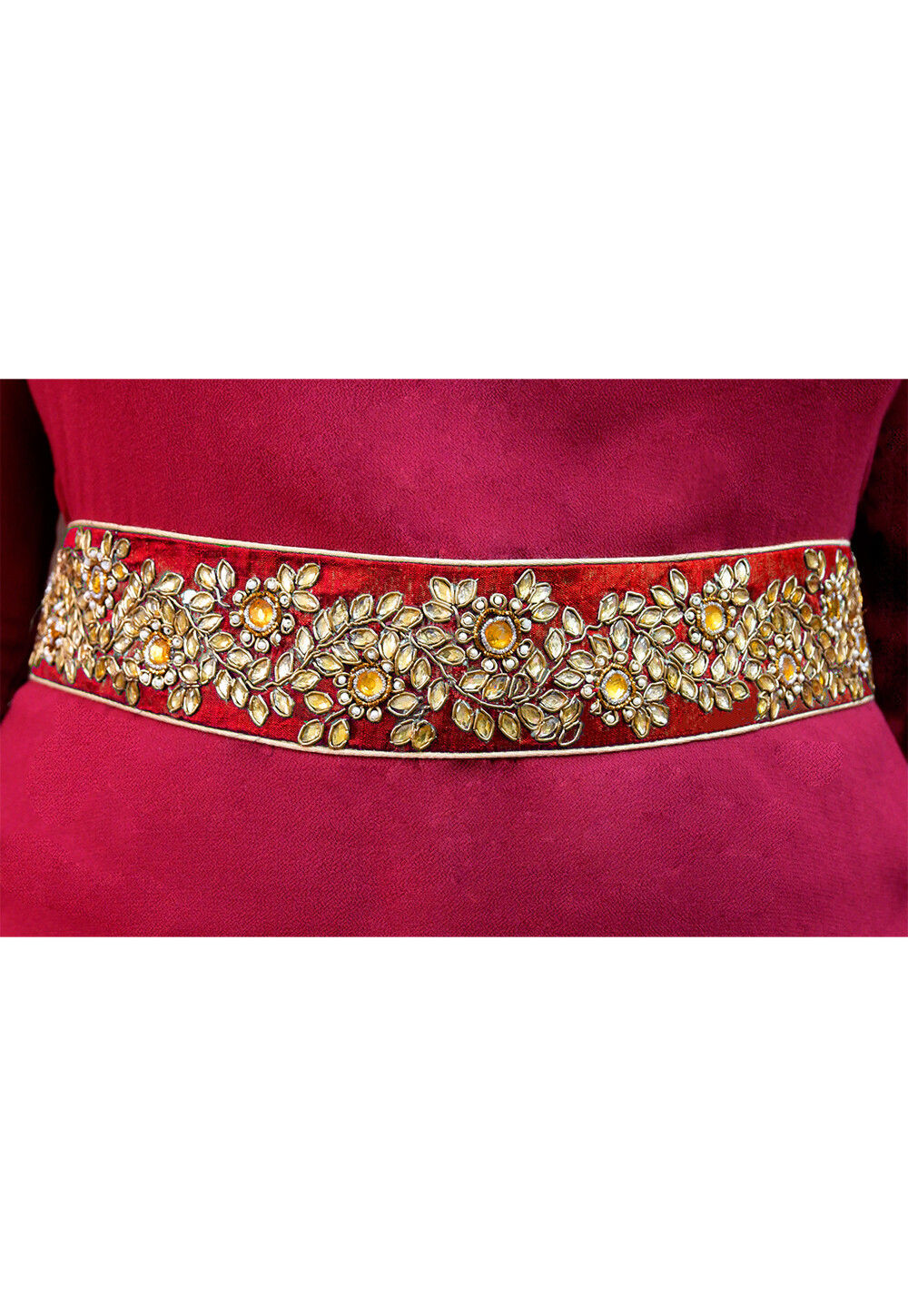 Buy Hand Embroidered Art Silk Adjustable Waist Belt in Red Online