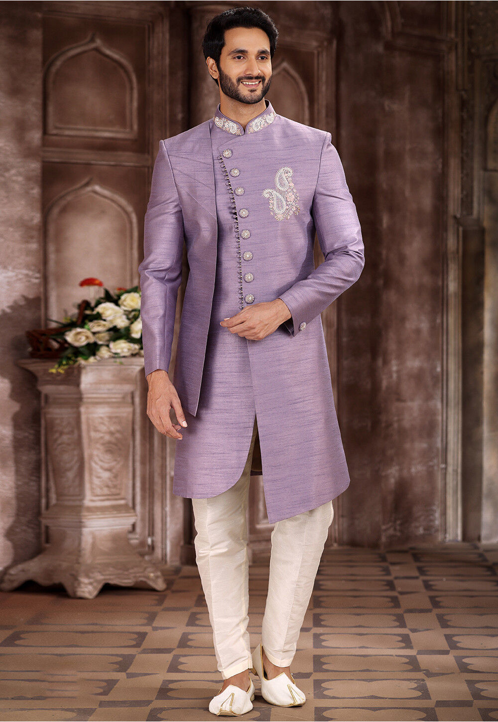 Buy Hand Embroidered Art Silk Asymmetric Sherwani in Light Purple