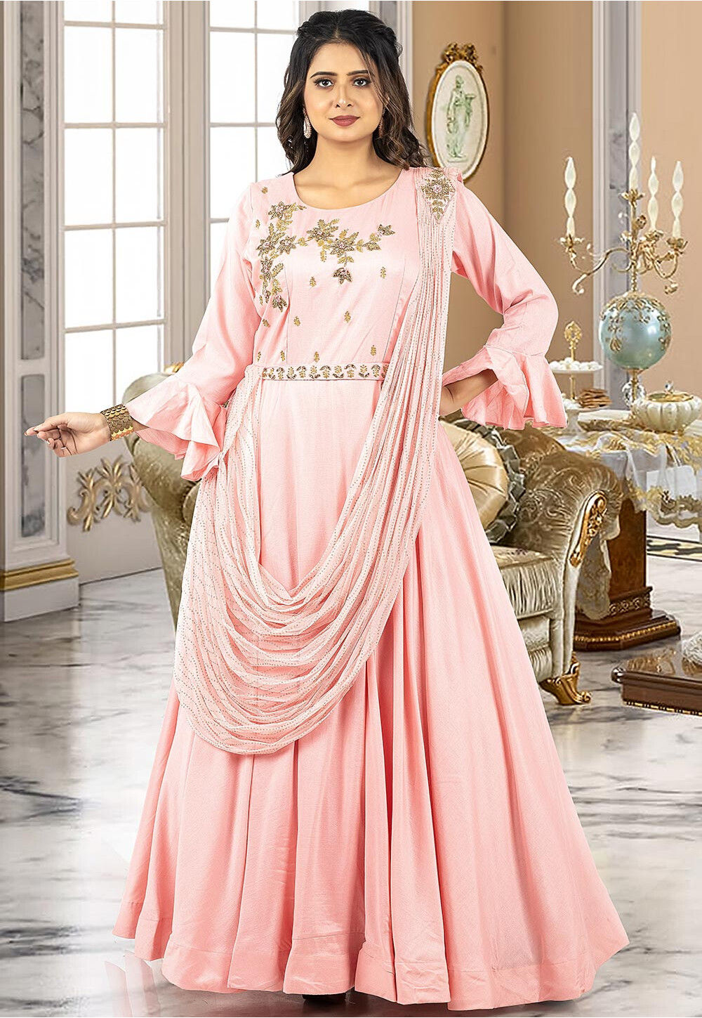 Designer Party Style Art Silk Fabric Peach Color Embroidered Readymade Gown