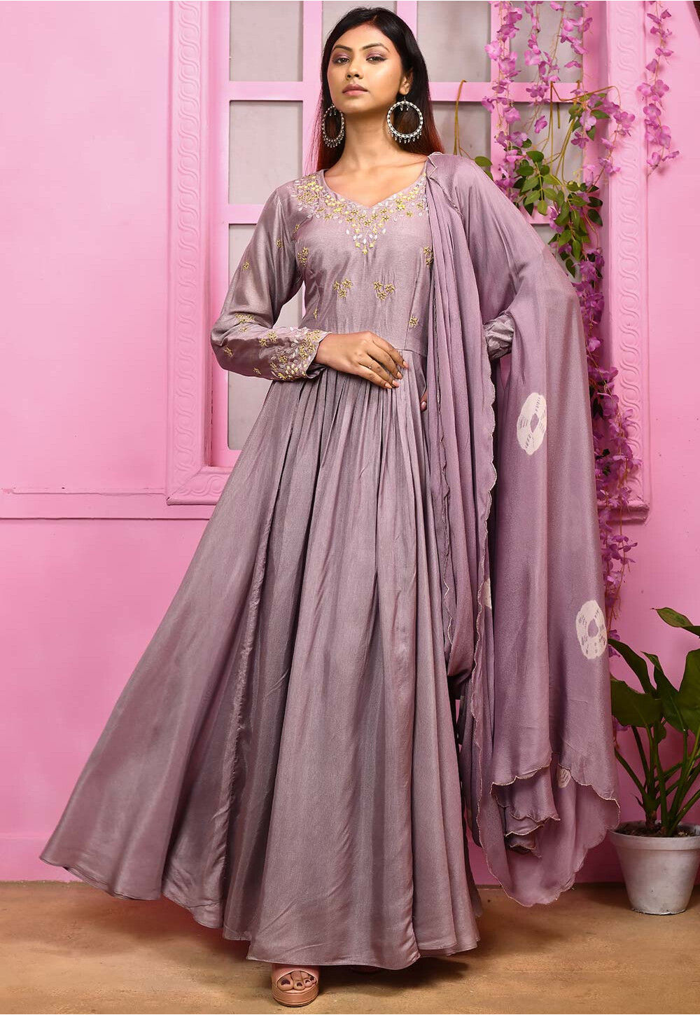 hand embroidered art silk gown with attached dupatta in purple v1 tyl24
