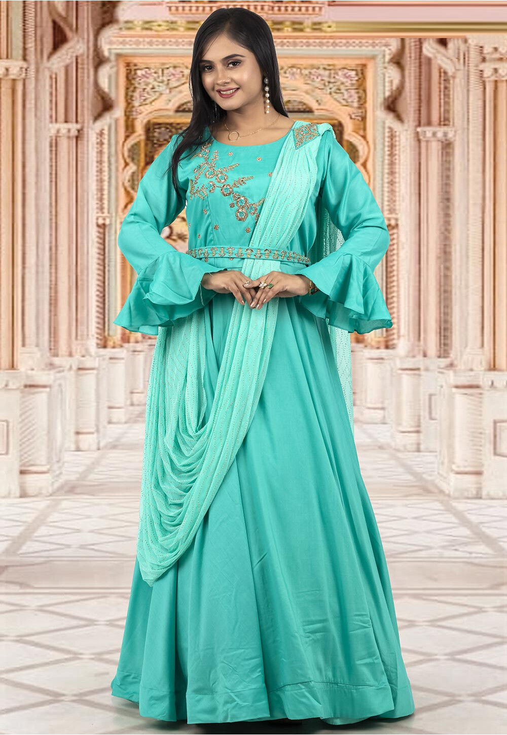 Blue Readymade Embroidered Gown With Attached Dupatta 275GW02