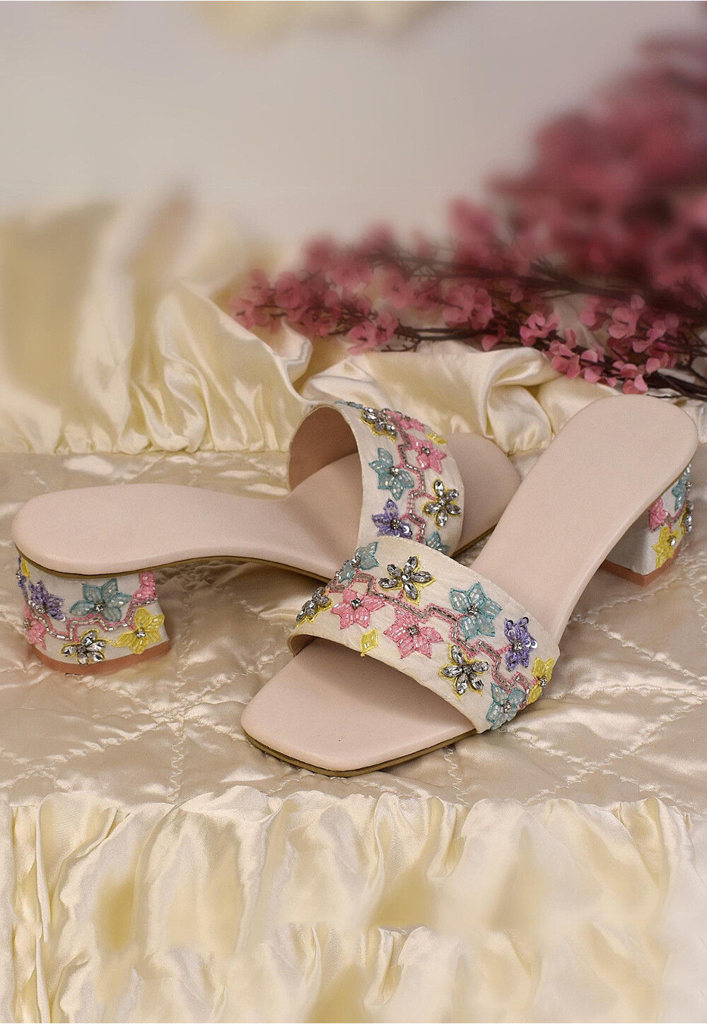 Buy Hand Embroidered Art Silk Heels in Off White Online DBL148