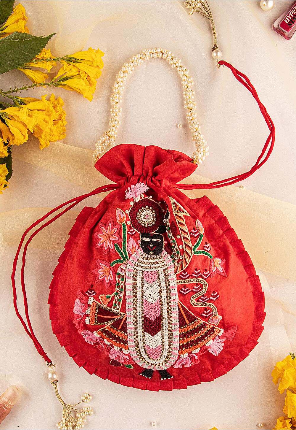 Hand Embroidered Art Silk Potli Bag in Red DMQ191