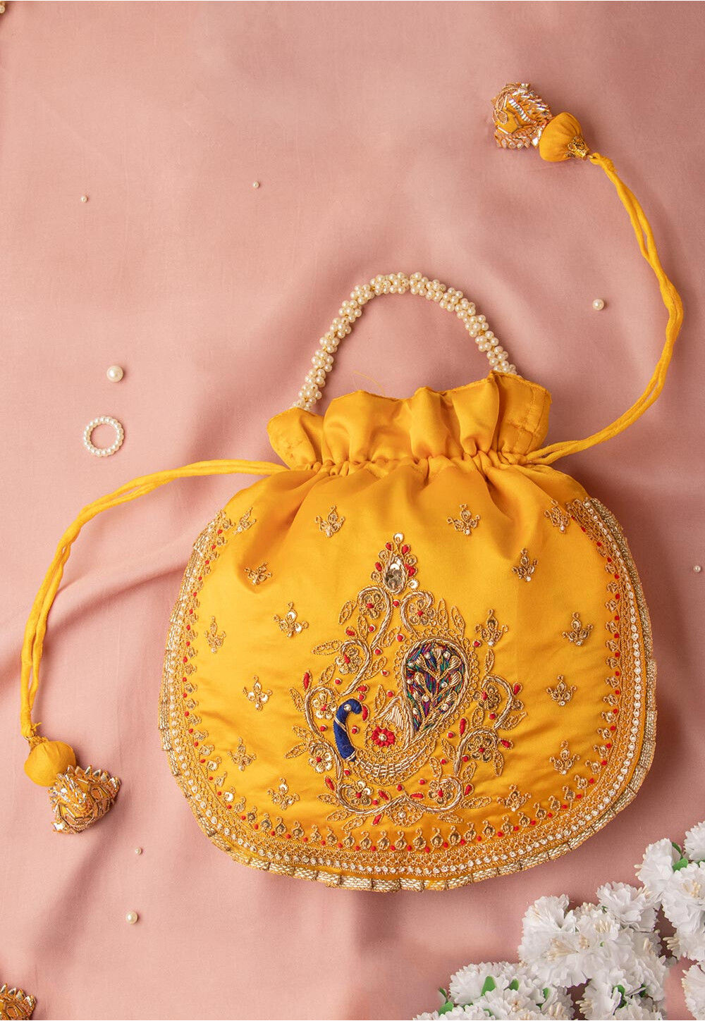 Buy Hand Embroidered Art Silk Potli Bag in Yellow Online DMQ406