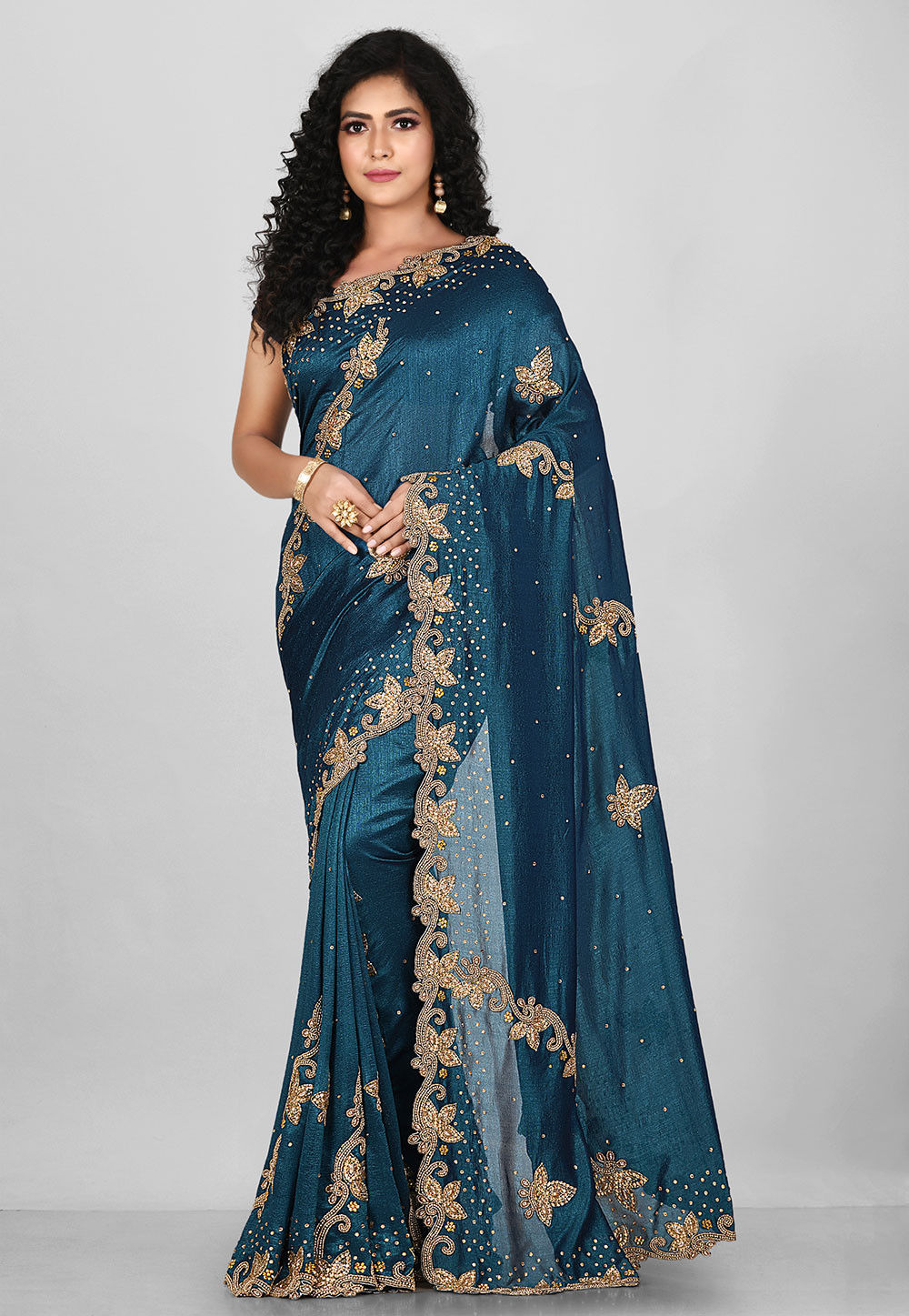 Buy Hand Embroidered Art Silk Saree in Dark Teal Blue Online : SAR1421 - Utsav Fashion