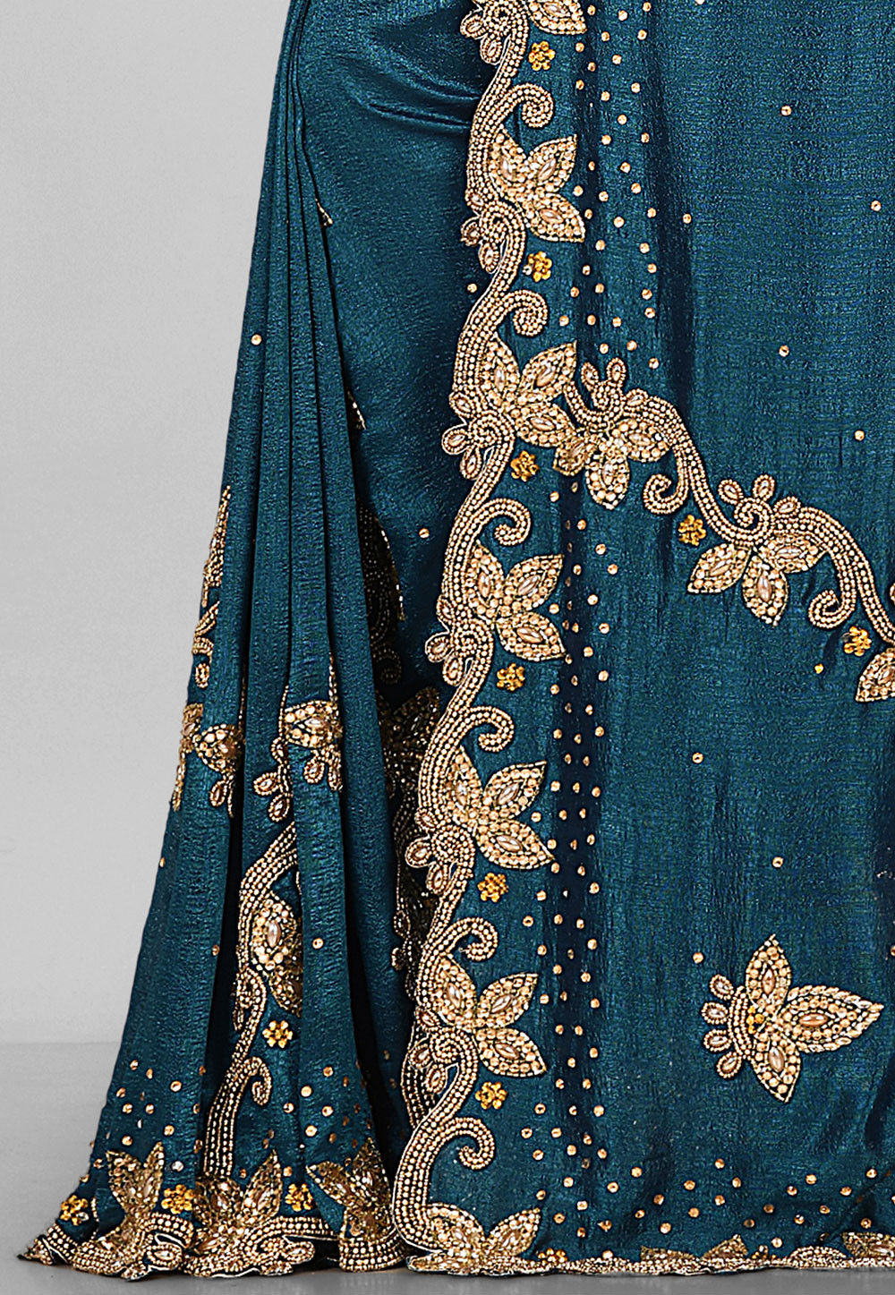Hand Embroidered Art Silk Saree in Dark Teal Blue : SAR1421
