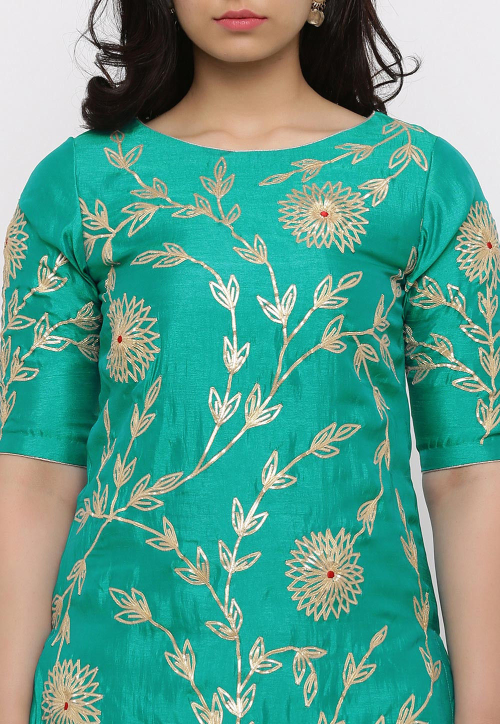 Buy Hand Embroidered Art Silk Straight Kurta Set in Teal Green Online ...