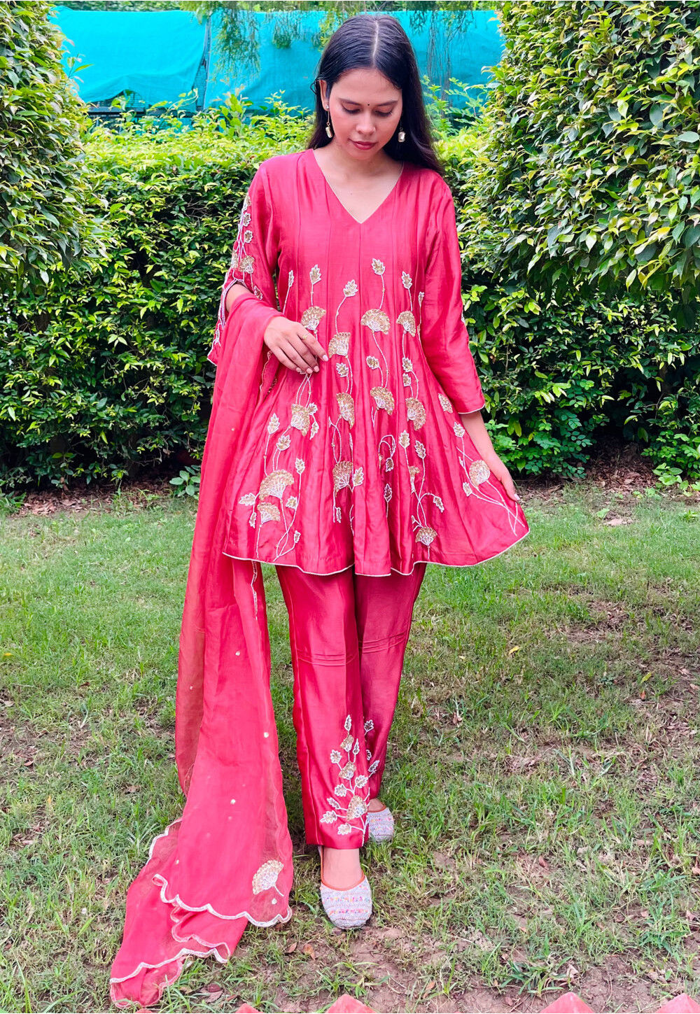 Buy Hand Embroidered Chanderi Silk Anarkali Suit in Coral Pink Online ...