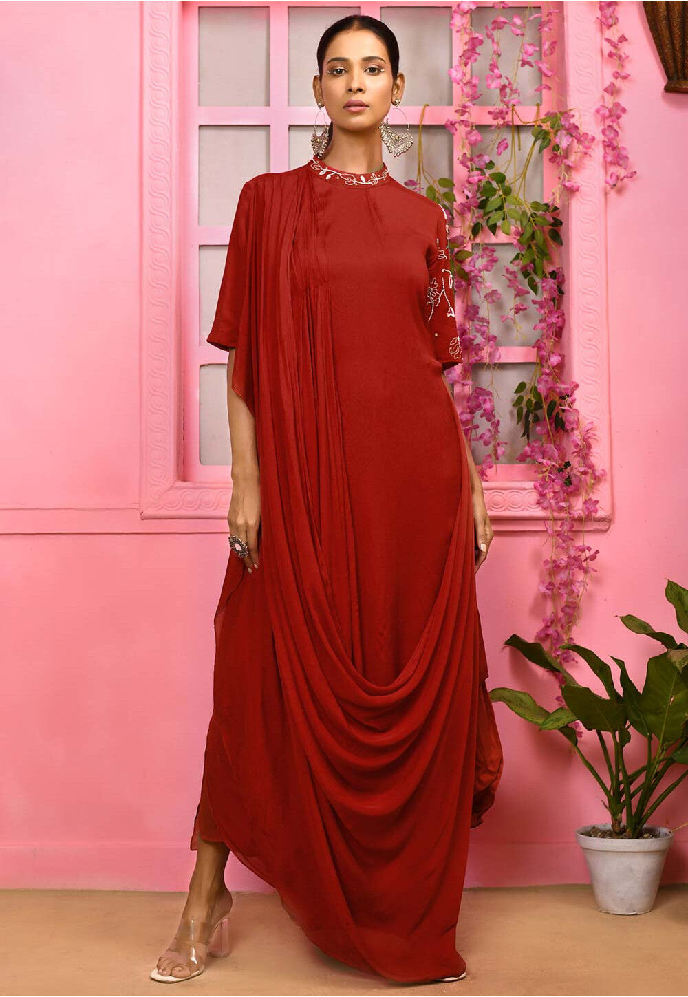 Hand Embroidered Chiffon Cowl Style Maxi Dress in Maroon