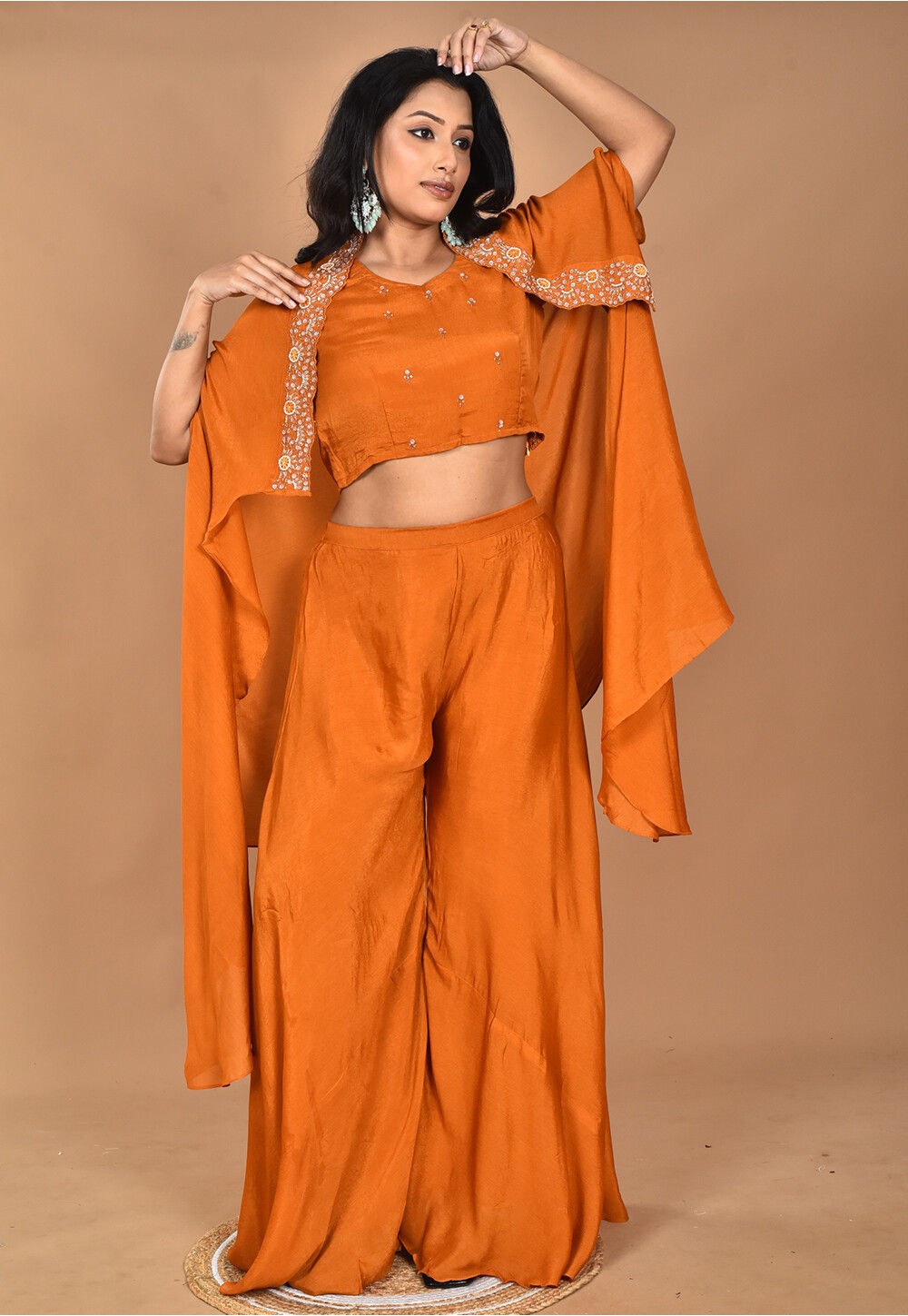 Buy Hand Embroidered Chinon Chiffon Crop Top Set in Orange Online