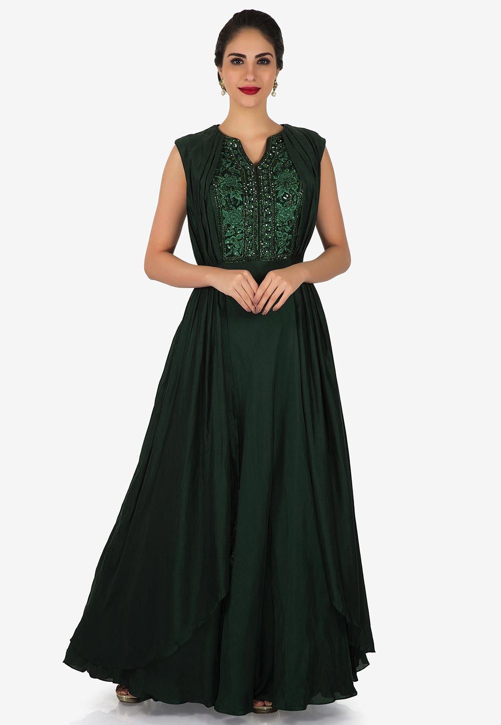 Hand Embroidered Cotton Silk Side Pleated Gown in Dark Green : TWW121