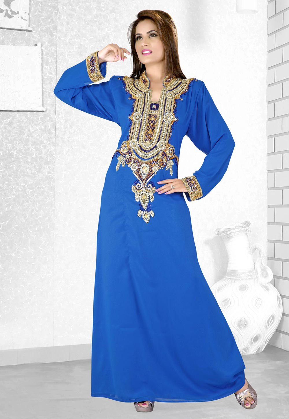 Hand Embroidered Georgette Abaya in Blue : QFD227