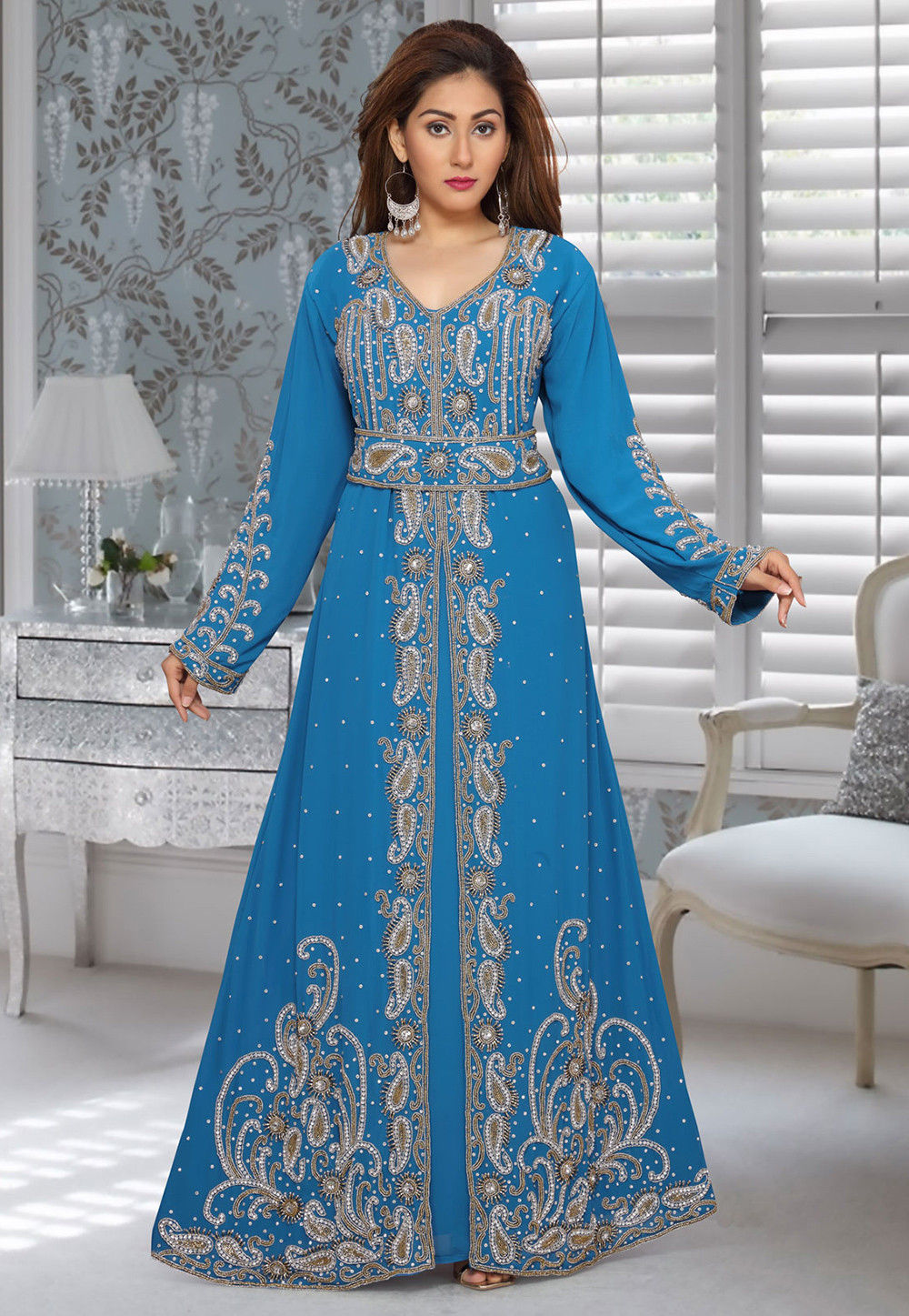 Hand Embroidered Georgette Abaya in Blue : QFD524