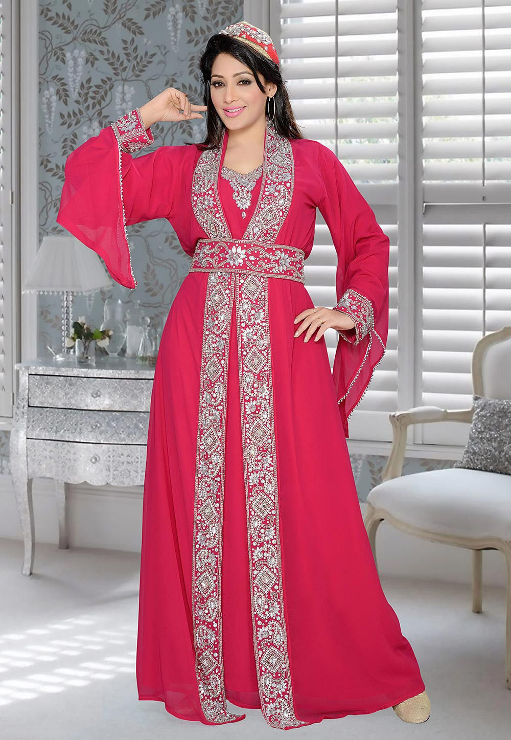 Hand Embroidered Georgette Abaya in Fuchsia : QFD312