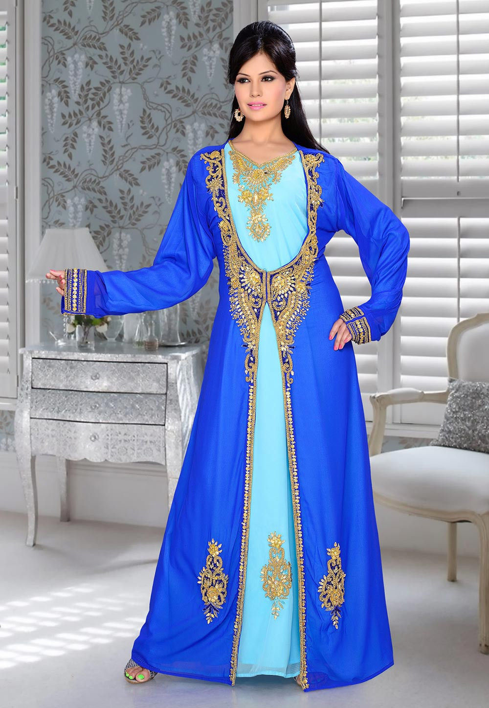 Hand Embroidered Georgette Abaya in Royal Blue and Light Blue : QFD279