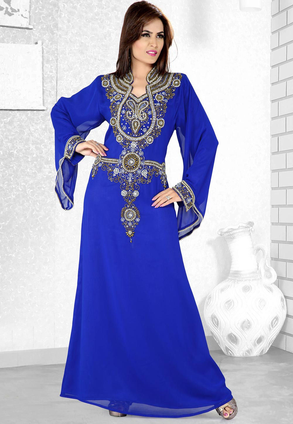 Hand Embroidered Georgette Abaya in Royal Blue : QFD224
