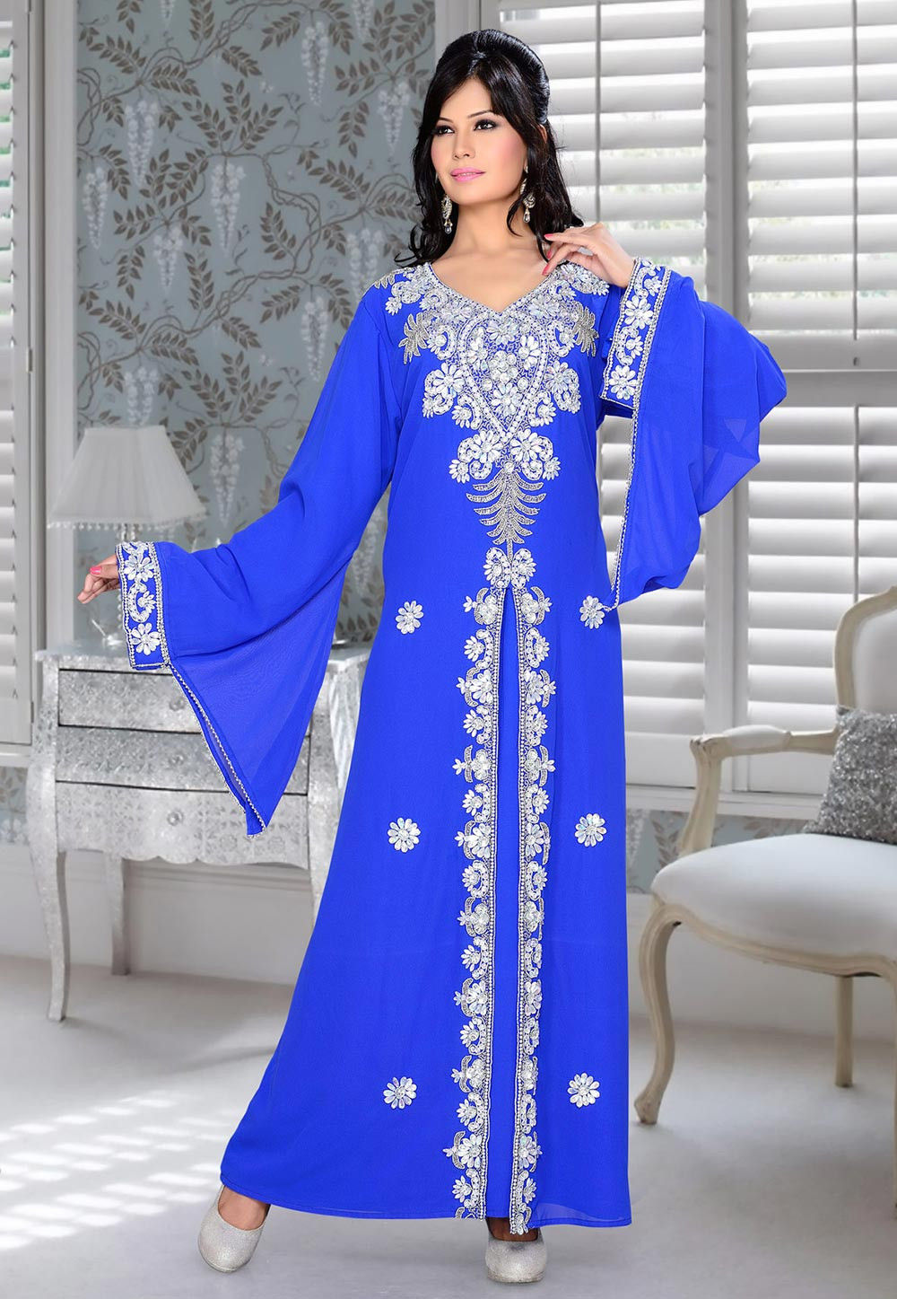 Hand Embroidered Georgette Abaya in Royal Blue : QFD259