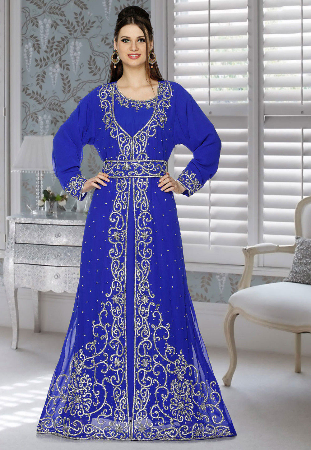 Hand Embroidered Georgette Abaya in Royal Blue : QFD449