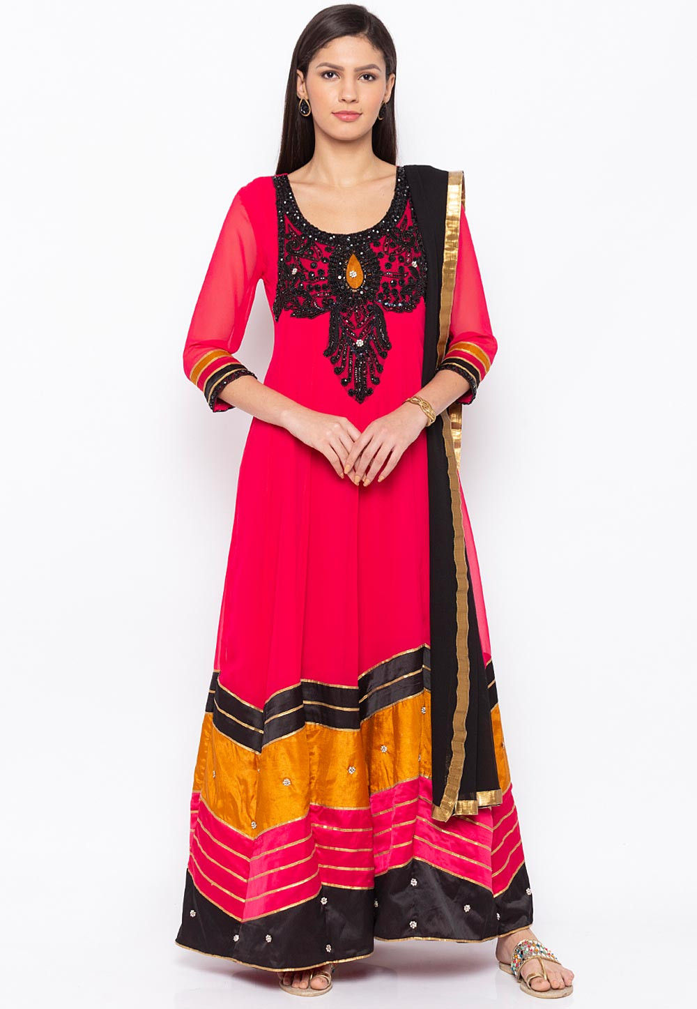 Hand Embroidered Georgette Abaya Style Suit in Fuchsia : KNF571