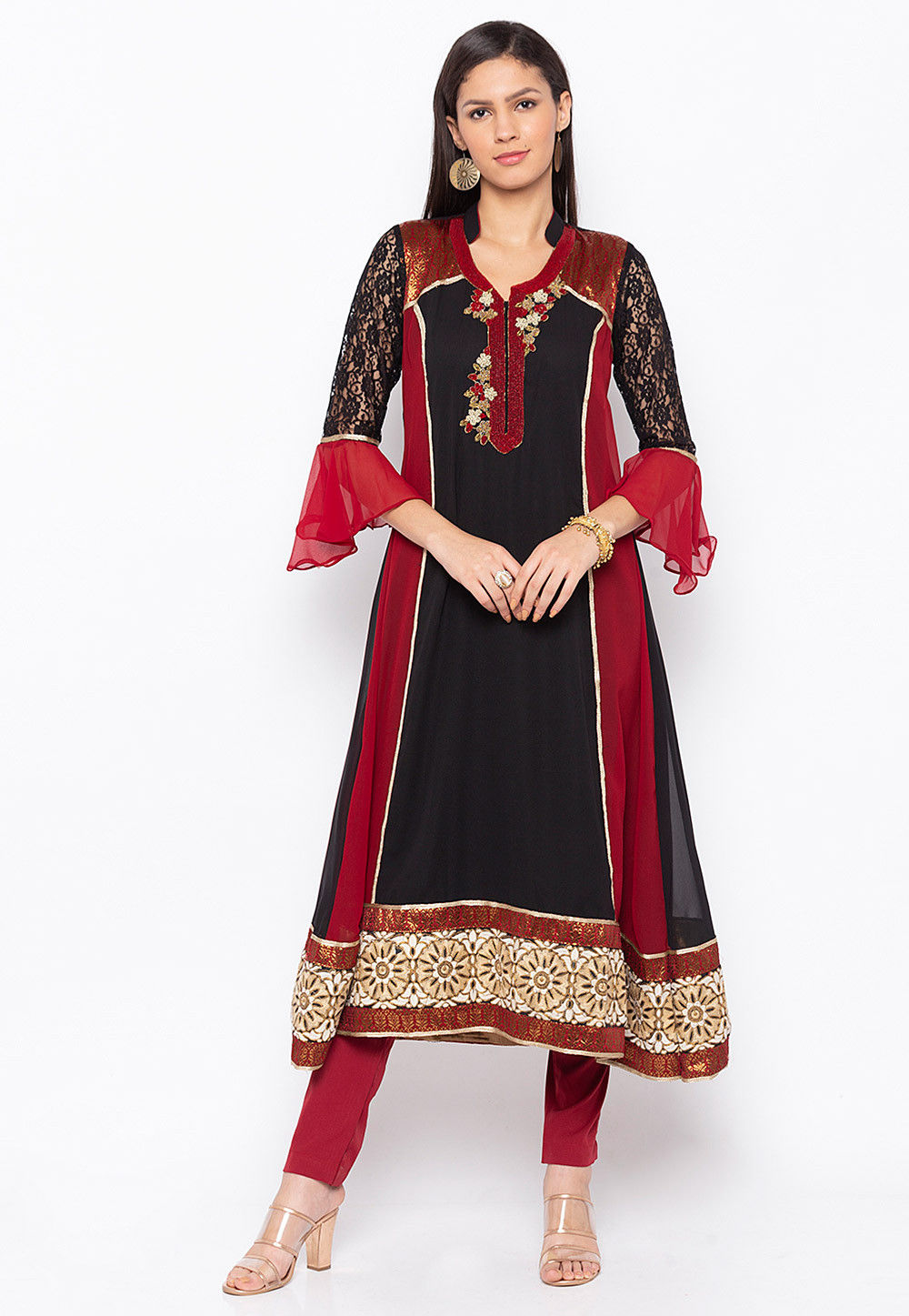 Black 3/4Th Sleeve Georgette Anarkali Kurta With Printed Yoke