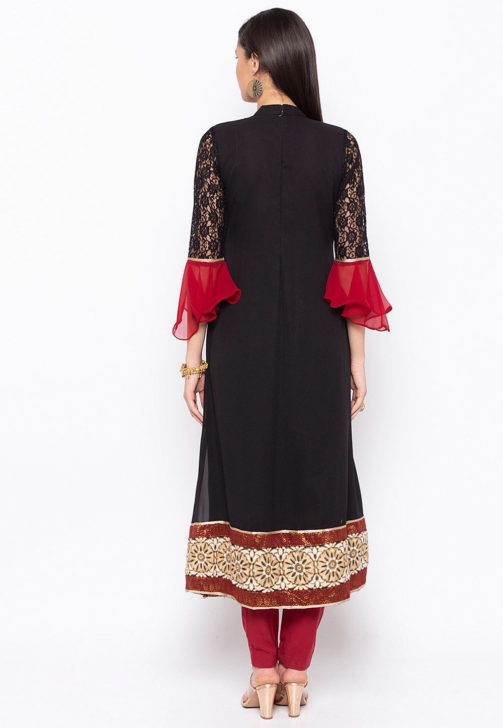 Women Rust Red & Green Floral Embroidered Georgette Anarkali Kurta
