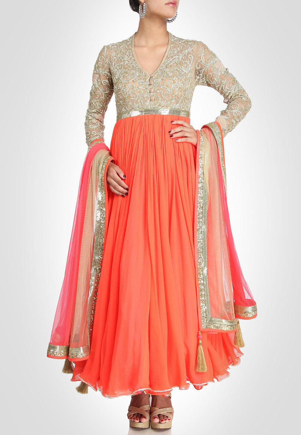 Hand Embroidered Georgette Anarkali Suit in Orange and Beige : KWNG57