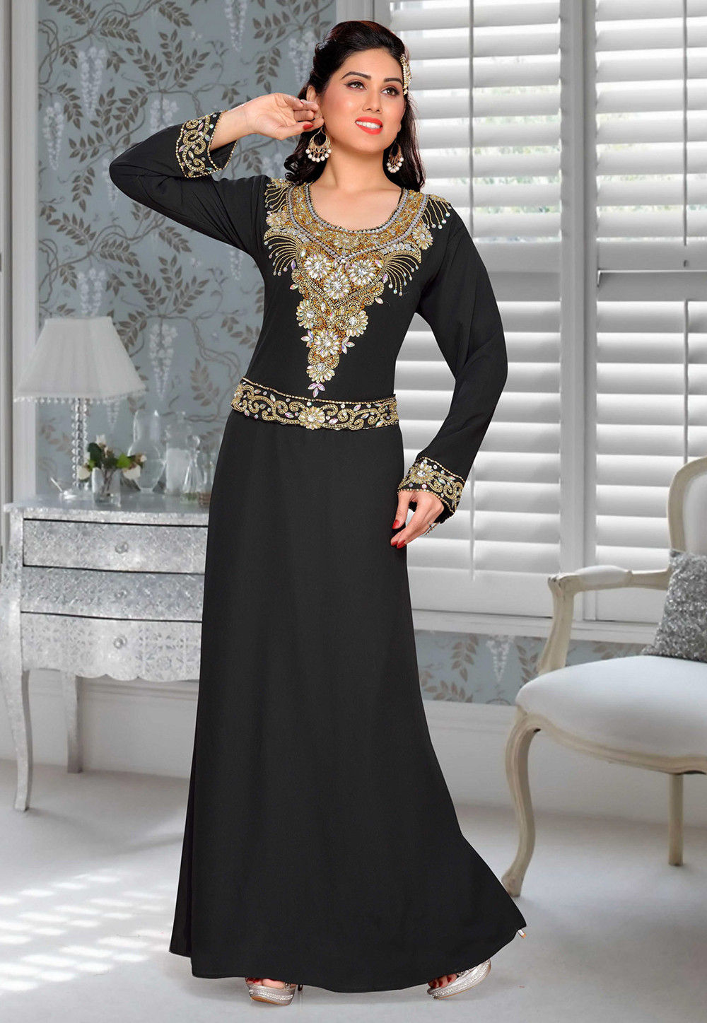 Hand Embroidered Georgette Black Abaya : QFD464