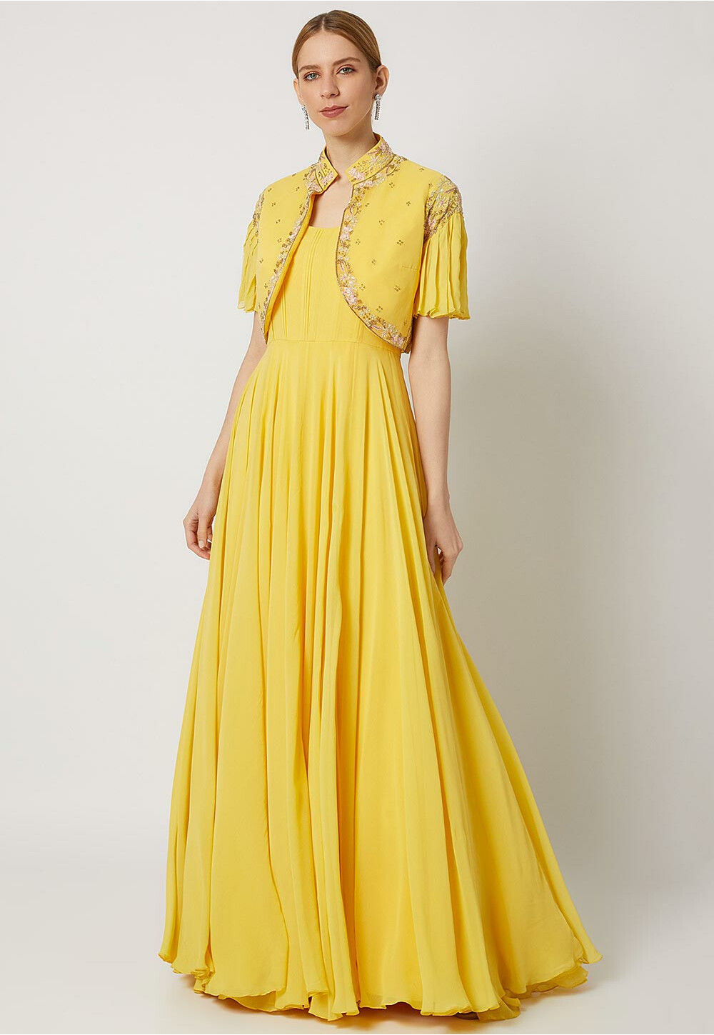 Buy RONAK FASHION POINT Gown with Printed Beautiful Jacket Yellow Gown (L)  at Amazon.in
