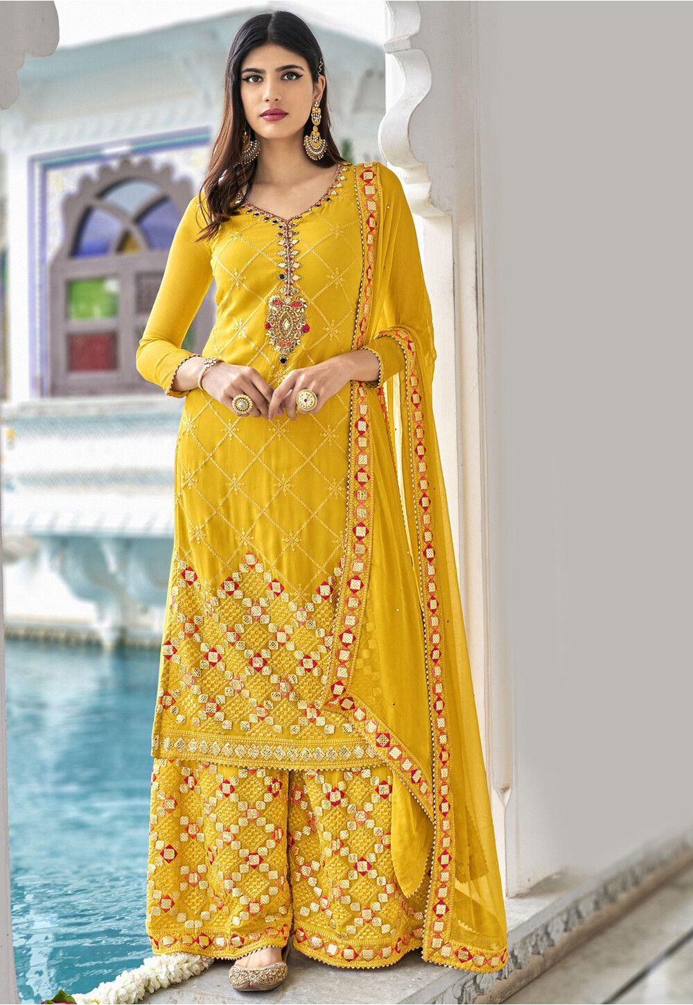 Hand Embroidered Georgette Pakistani Suit in Mustard : KCH7045