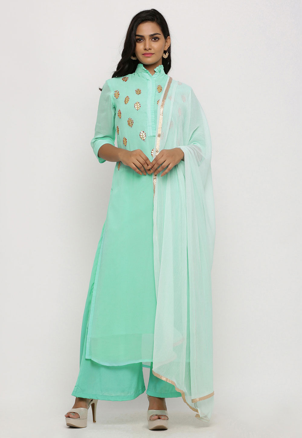 Hand Embroidered Georgette Pakistani Suit in Sea Green : KJN3701