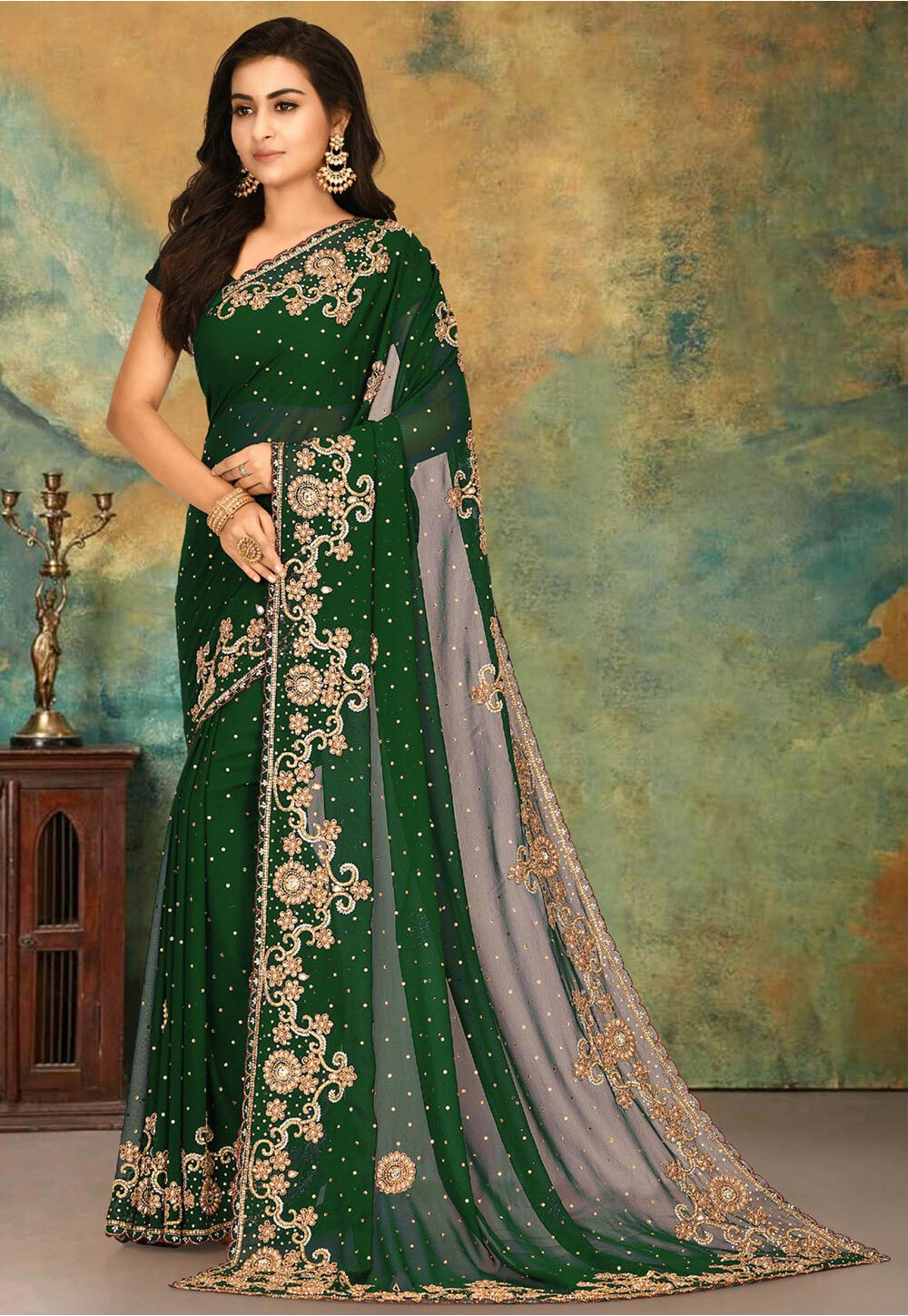 Queen Hand-Embroidered Georgette Green Saree
