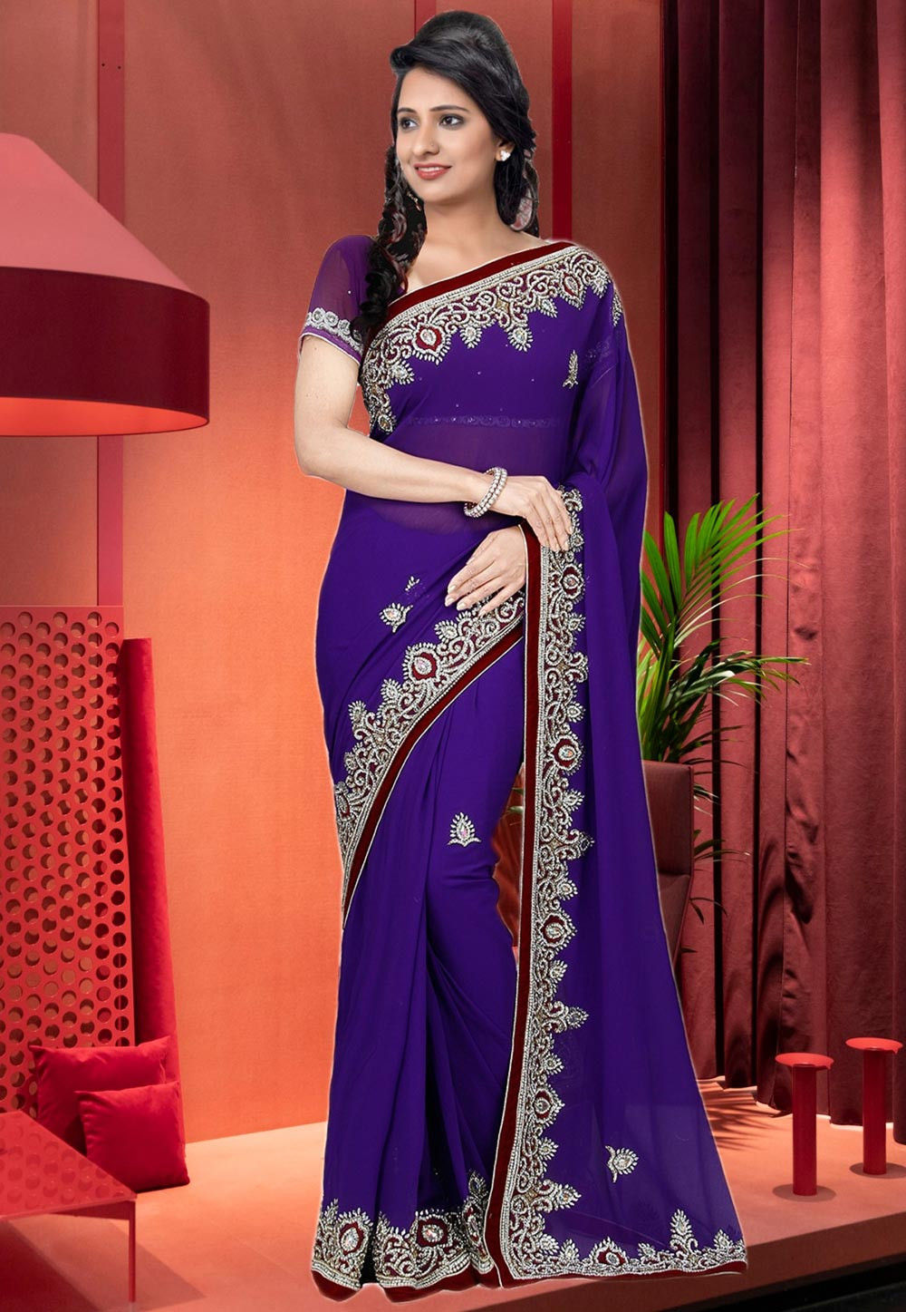 Hand Embroidered Georgette Saree in Purple : SEH3557