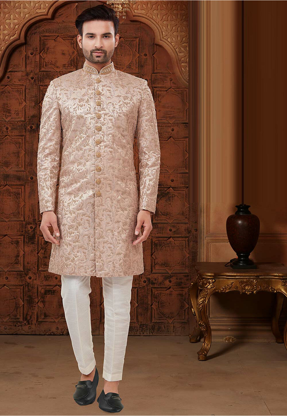 Hand Embroidered Georgette Sherwani in Rose Gold