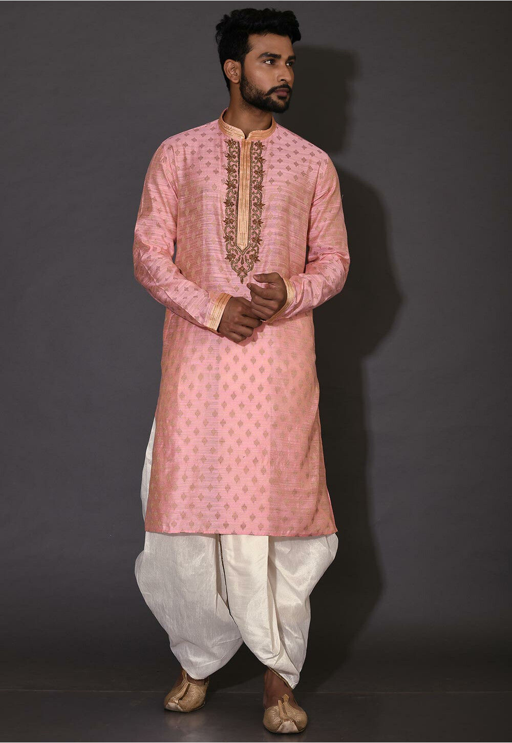 Hand Embroidered Neckline Cotton Silk Dhoti Kurta in Pink MLC1723