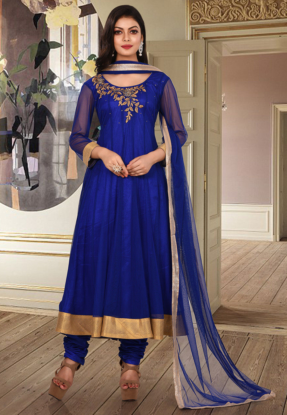 Hand Embroidered Net Anarkali Suit in Royal Blue : KBX32