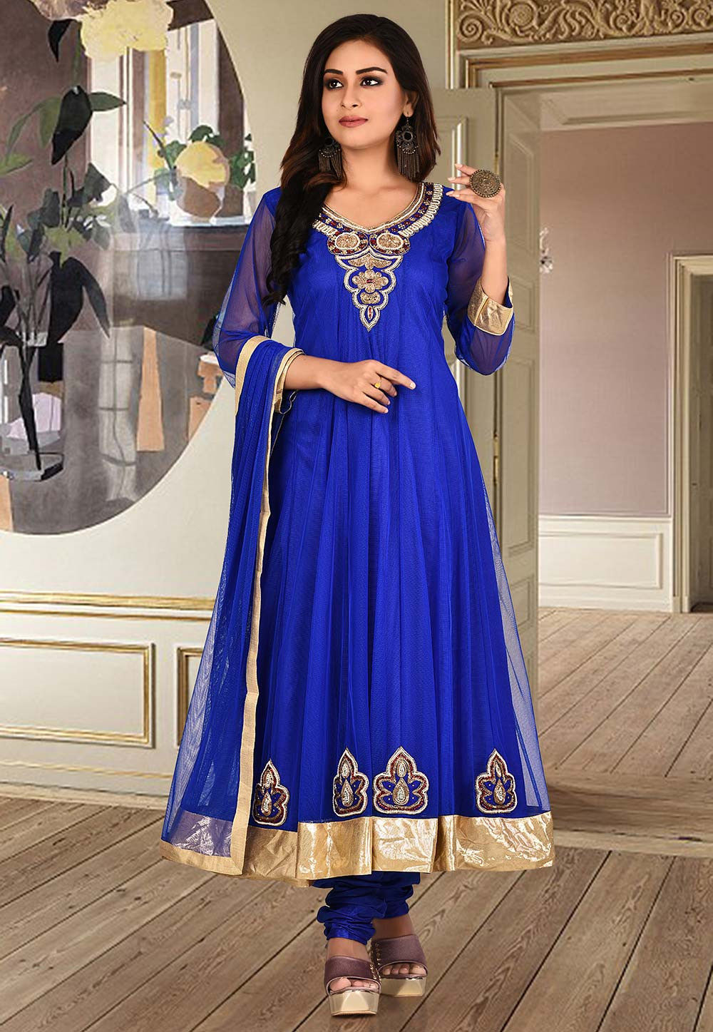 Buy Hand Embroidered Net Anarkali Suit in Royal Blue Online : KBX54 ...