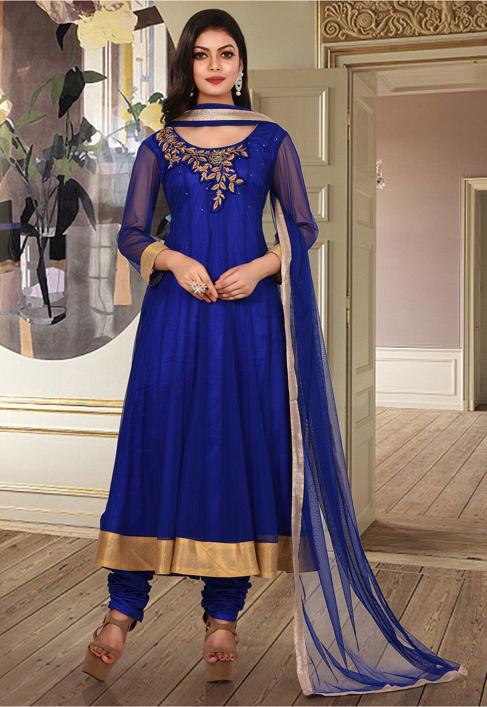 Flexible Stylish Printed Pattern Navy Blue Frock Anarkali Suit With Short  Sleeves Decoration Material Laces at Best Price in Mathura  Laxman  Chaudhary